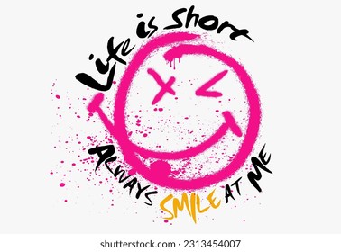 Ilustración vectorial de la sonrisa diseño gráficos estampados de camisetas, dibujo de la cara de emoji sonriente Grunge y tipografía, dibujo de emojis sonrientes y texto.