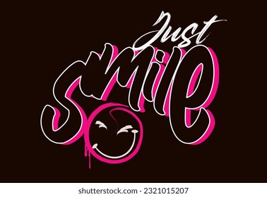Vector smile illustration design graphics tshirt prints, urban Graffiti street art style smile slogan, melting face drawings.Smile outline text and smiling emoji face drawing.