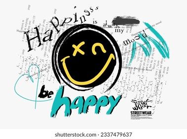 Vector smile illustration grunge design graphics tshirt prints, typography street art graffiti, urban Graffiti street art style smile slogan, melting face drawings vector