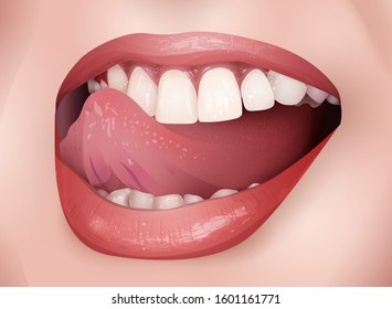 vector smile with open mouth and gesture of tongue, realistic fashion illustration