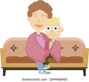 Vector smile woman put pink shirt and sad kid sit on brown sofa.