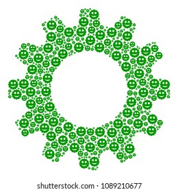 Vector smiled sticker icons are arranged into gear wheel combination. Development design concept constructed with smiled sticker components.