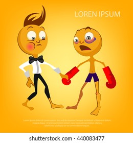 Vector smiley defeated boxer with referee. Cute emoticon people characters. EPS10.