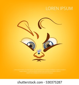 Vector smiley face. Cute little animal. Similar to a rabbit or a dog. It has ears, hair, expressive eyes, small nose. Emoticon smiling or grimacing. Express emotion angry, fly on nose.