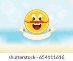 vector smiley face orange mustaches on a background of sea beach. waving ribbon