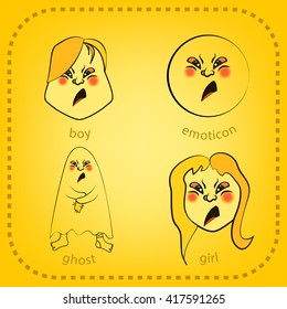 Vector smiley face. Set of 4 characters. Girl, boy, ghost and smiley express emotion angry. Isolated on yellow background.
