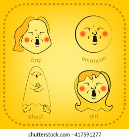 Vector smiley face. Set of 4 characters. Girl, boy, ghost and smiley express emotion sleepiness. Isolated on yellow background.