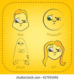 Vector smiley face. Set of 4 characters. Girl, boy, ghost and smiley express emotion reflections. Isolated on yellow background.