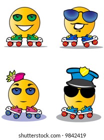 vector smiley faces  or emoticons on roller skates with hats and sunglasses