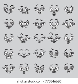 Vector Smiley Icons. Emoticons, avatar with an expression of feelings on human faces. Isolated editable illustration on gray background.