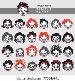 Vector Smiley Icons of female faces. Emoticons, avatar with an expression of women feelings. Isolated editable illustration on gray background.