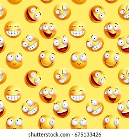 Vector smileys wallpaper continuous pattern with seamless facial expressions of yellow happy faces in yellow background. Vector illustration.
