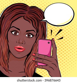 Vector smiling african woman holding ringing mobile phone with speech bubble for your text in pop art comic style. Cute young african american woman with telephone.