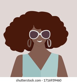 Vector smiling afro american woman with dark curly hair and sunglasses, simple fashion sketch.