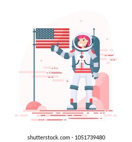 Vector smiling astronaut girl makes a landing on Mars with usa flag and shows hand gesture okay. American spacewoman in helmet and spacesuit, mission on red planet, female cosmonaut in flat style