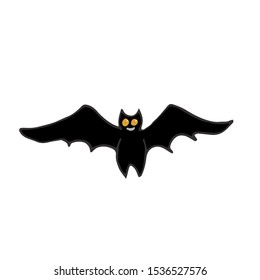 Vector smiling bat with yellow eyes, illustration isolated on white. Design element for printing, cards.