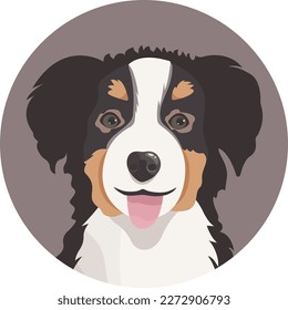 Vector smiling Bernese Mountain dog avatar, tongue hanging out. Cute cartoon pet. Domestic animal