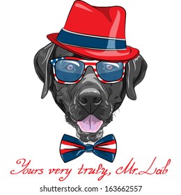 Vector smiling black hipster dog breed Labrador Retriever in a red hat, glasses and bow tie