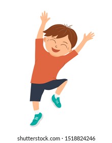 Vector smiling boy jumping with joy and happiness with his hands up. Joyful, delighted, happy kid character. Hilarious child picture for children’s design. Flat funny illustration of good mood