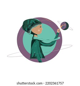 Vector smiling boy kid in green colors with a hand up and going to touch a small planet. The child with hat, scarf and coat located on a circle abstract background imaging a big planet. 