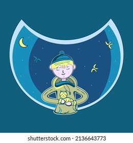 Vector smiling boy, kid, young man dressed in a hat and a hoodie and holding a cat, kitten, kitty, feline pet in hands at night located on night background decorated by three bats, stars and moon.