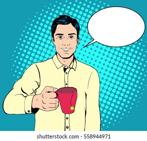 Vector smiling business man holding a mug with a tea bag. Lunch break concept. Copyspace available. Pop art retro style illustration, halftone background