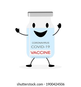 Vector - Caricatura sonriente mascota una botella de vacuna para el Coronavirus (Covid-19). Salud, concepto médico. Objeto.