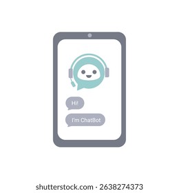 Vector smiling chatbot icon and speech bubbles on phone. Great for UI mockups, tech blogs, or social media posts.