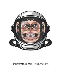 Vector Smiling Chimpanzee Ape With Astronaut Helmet, Funny Monkey With Cosmonaut Mask For Space Exploration. Spaceman Head Protection For Wall Art, T-shirt Print, Poster. Cartoon Cute Chimp Monkey