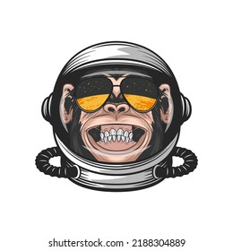 Vector Smiling Chimpanzee Ape With Astronaut Helmet, Funny Monkey With Cosmonaut Mask For Space Exploration. Spaceman Head Protection For Wall Art, T-shirt Print, Poster. Cartoon Cute Chimp Monkey