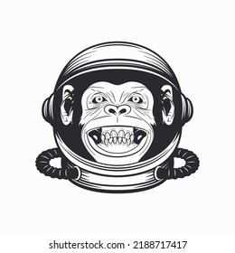 Vektor Lächelt Schimpansenape mit Astronaut Helm, lustiger Affe mit Kosmonaut Maske für Weltraumforschung. Spaceman Head Protection for Wall Art, T-Shirt Print, Poster. Cartoon Cute Chimp-Affe