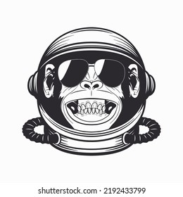 Vector Smiling Chimpanzee Ape With Astronaut Helmet, Funny Monkey With Cosmonaut Mask For Space Exploration. Spaceman Head Protection For Wall Art, T-shirt Print, Poster. Cartoon Cute Chimp Monkey