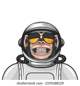 Vector Smiling Chimpanzee Ape With Astronaut Helmet, Suit. Funny Monkey With Cosmonaut Mask For Space Exploration. Spaceman Monkey. Cartoon Cute Chimp Monkey