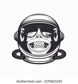 Vector Smiling Chimpanzee Ape with Astronaut Helmet, Funny Monkey with Cosmonaut Mask for Space Exploration. Spaceman Head Protection for Wall Art, T-shirt Print, Poster. Cartoon Cute Chimp Monkey