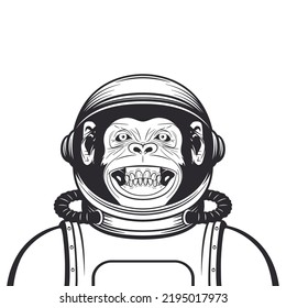 Vector Smiling Chimpanzee Ape With Astronaut Helmet, Suit. Funny Monkey With Cosmonaut Mask For Space Exploration. Spaceman Monkey. Cartoon Cute Chimp Monkey