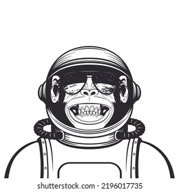 Vector Smiling Chimpanzee Ape With Astronaut Helmet, Suit. Funny Monkey With Cosmonaut Mask For Space Exploration. Spaceman Monkey. Cartoon Cute Chimp Monkey