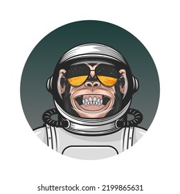 Vector Smiling Chimpanzee Ape With Astronaut Helmet, Suit. Funny Monkey With Cosmonaut Mask For Space Exploration. Spaceman Monkey. Cartoon Cute Chimp Monkey