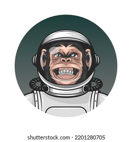 Vector Smiling Chimpanzee Ape With Astronaut Helmet, Suit. Funny Monkey With Cosmonaut Mask For Space Exploration. Spaceman Monkey. Cartoon Cute Chimp Monkey