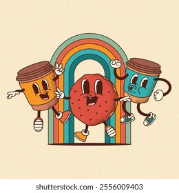 Vector smiling coffee to go and donut mascot in retro cartoon style poster. Vintage cafe menu or logo