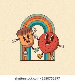 Vector smiling coffee to go and donut mascot in retro cartoon style poster. Vintage cafe menu or logo