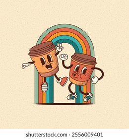 Vector smiling coffee to go mascot in retro cartoon style poster. Vintage cafe menu or logo