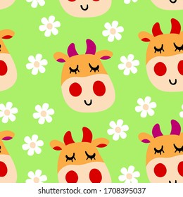 Vector smiling cow pattern in flat cartoon style on a green background with flowers. Seamless cute design in for textile prints, wrapping paper, milk packages etc.
