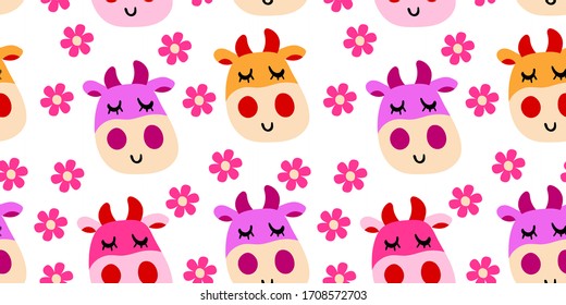 Vector smiling cow pattern in flat cartoon style with flowers on a white background. Seamless cute design in for textile prints, wrapping paper, milk packages etc.