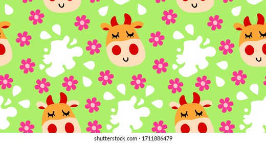 Vector smiling cow pattern in flat cartoon style with milk splash. Seamless cute design in for textile prints, wrapping paper, milk packages etc.