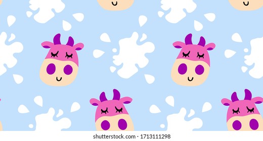 Vector smiling cow pattern in flat cartoon style with milk splash. Seamless cute design in for textile prints, wrapping paper, milk packages etc.