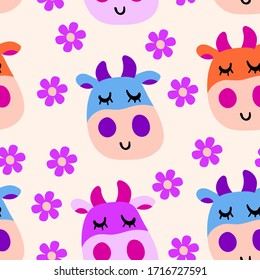 Vector smiling cow pattern in flat cartoon style with flowers on a pastel beige background. 
