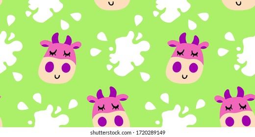 Vector smiling cow pattern in flat cartoon style with milk splash. Seamless cute design in for textile prints, wrapping paper, milk packages etc.