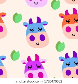Vector smiling cow pattern in flat cartoon style with grass leaves on a pastel beige background. Seamless cute design in for kids textile prints, wrapping paper, milk packages etc.