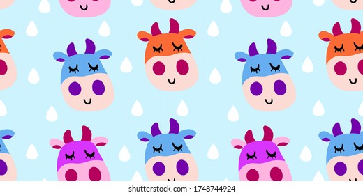 Vector smiling cow pattern in flat cartoon style with milk splash. Seamless cute design in for textile prints, wrapping paper, milk packages etc.