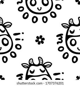 Vector smiling cow pattern with MOO lettering. Seamless design in line doodle style, black monochrome outline for textile prints, wrapping paper, milk packages etc.